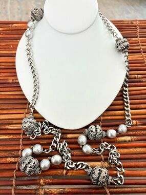 Silver Filigree Bead Necklace with Pearlescent Accents